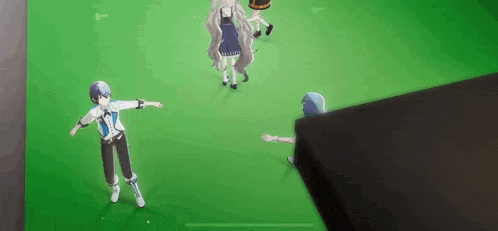 a group of anime characters are standing on a green screen in a room .