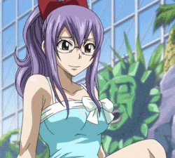 a girl with purple hair is wearing glasses and a red bow