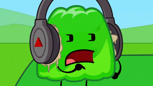 a green cartoon character wearing headphones with an arrow pointing to the top