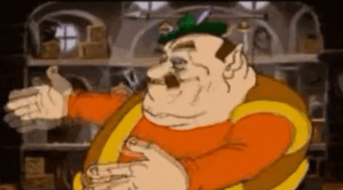 a cartoon of a fat man wearing a green hat .