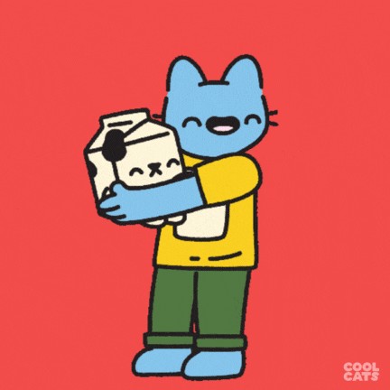 a cartoon of a cat holding a carton of milk with cool cats written on the bottom