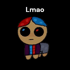 a cartoon character with a red and blue hair and the words lmao below it