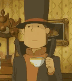 a man wearing a top hat is holding a cup of tea .