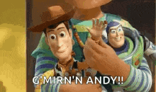 woody and buzz lightyear from toy story are holding each other in their arms .