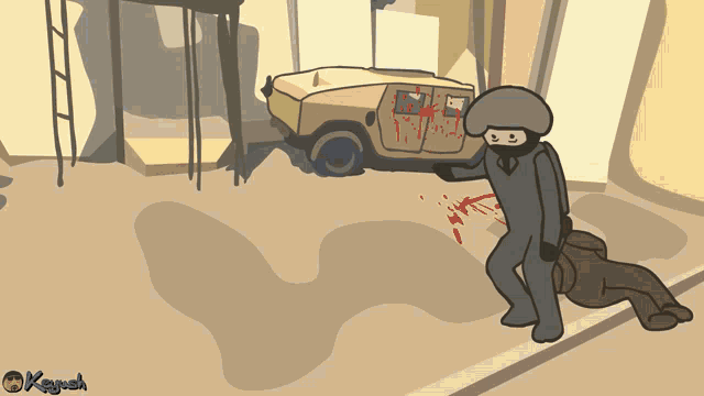 a cartoon of a man standing next to a military vehicle with blood coming out of the door