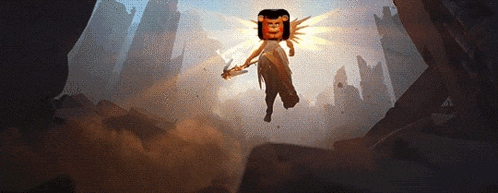 a painting of a woman with wings holding a sword with a smiley face on her head