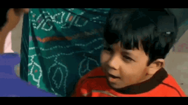 a young boy in a red shirt is talking to a woman in a green dress .