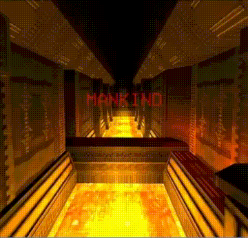a computer generated image of a hallway with the words mankind written in red .