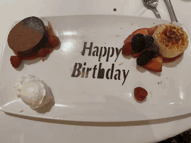 a plate of desserts with a happy birthday message on it