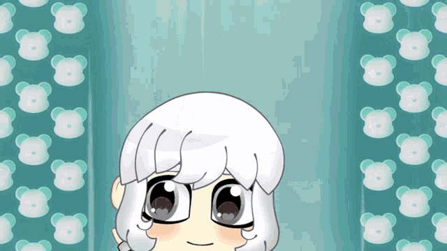 a drawing of a girl with white hair and a pattern of teddy bears behind her