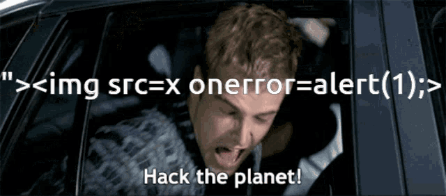 a man in a car with the words hack the planet written below him