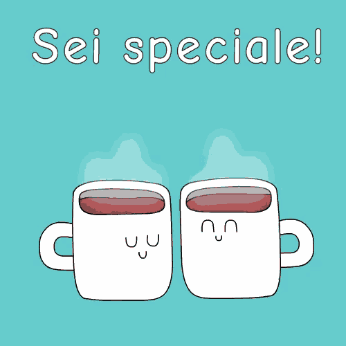 two coffee cups with faces and the words sei speciale