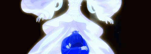 a man in a blue hoodie is kneeling in front of a glowing ghost in a white dress