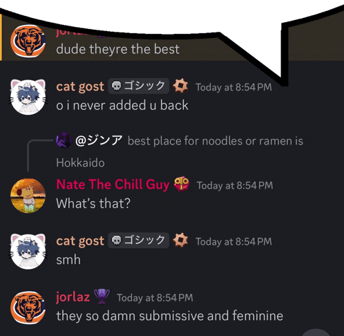 a screenshot of a discord conversation between cat gost and jorlaz