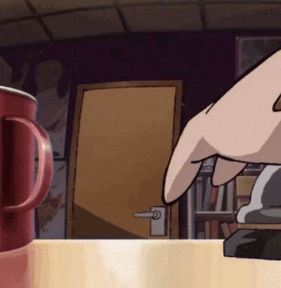 a cartoon drawing of a person 's hand holding a red mug on a table