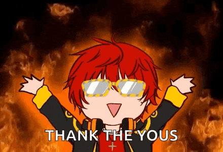 a cartoon of a boy wearing sunglasses and saying `` thank the yous '' with his arms in the air .