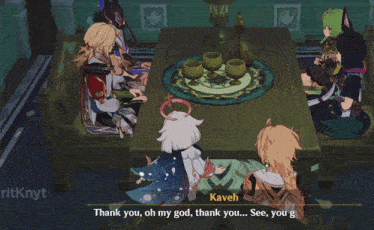 a screenshot of a video game shows a character named kaveh talking to collei