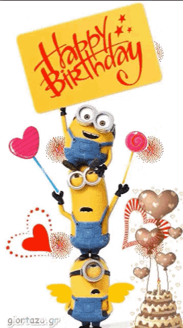 three minions stacked on top of each other holding a sign that says " happy birthday "