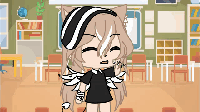 a cartoon of a girl in a classroom with a black and white striped headband
