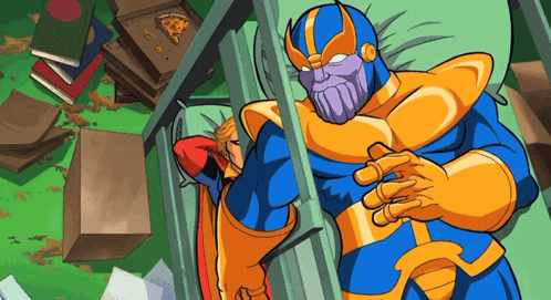 a cartoon of thanos and ms. marvel sleeping in bed