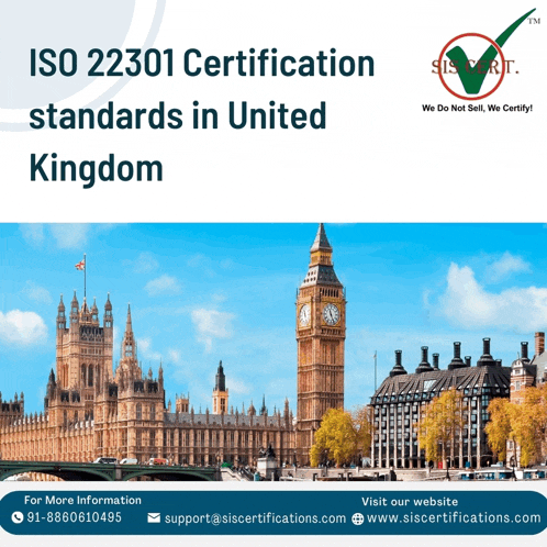 an advertisement for iso 22301 certification standards in united kingdom with a picture of big ben