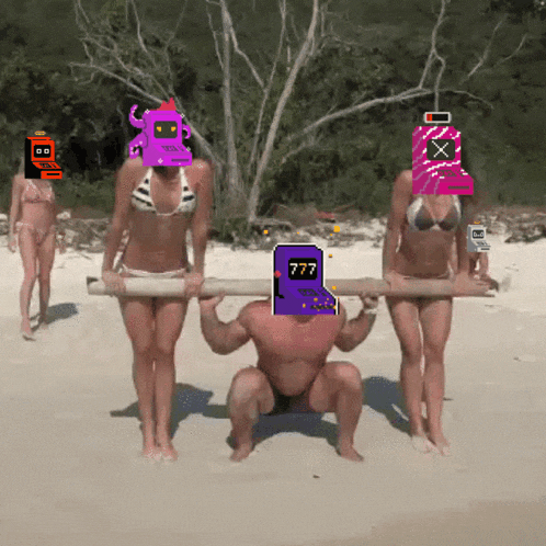 a man squatting on the beach with two women holding a purple object with the number 777