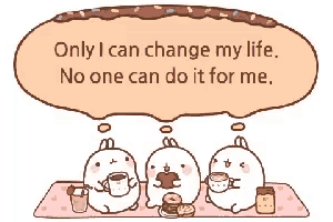 a cartoon of three rabbits eating donuts and drinking coffee with a speech bubble that says only i can