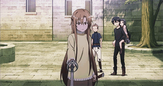 a girl holding a sword is standing in front of a group of people