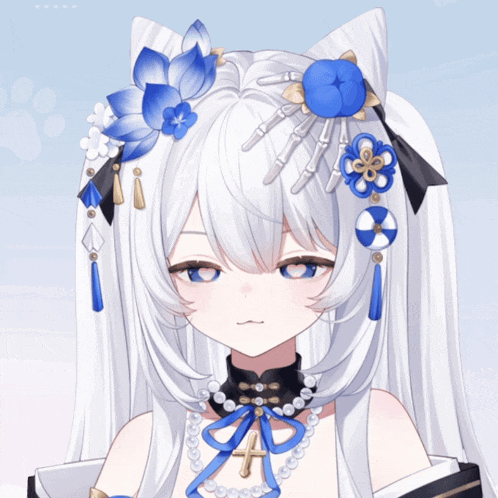 a girl with white hair and blue flowers on her hair