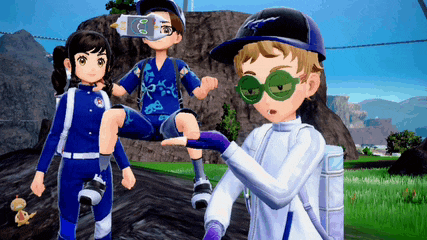 a boy wearing sunglasses is standing next to a girl in a blue uniform