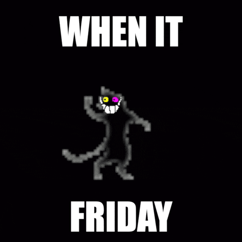 a black cat with purple eyes is dancing with the words when it friday below it