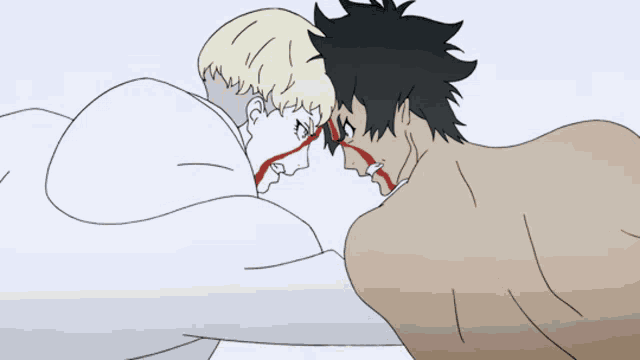 a drawing of a man and a woman laying on a bed looking at each other