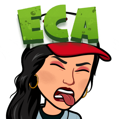 a cartoon woman wearing a red hat with the word eca on it