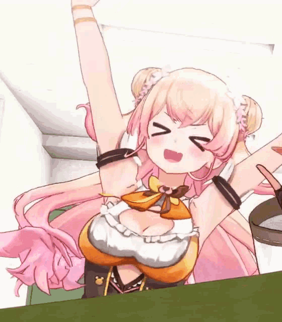 a cartoon girl with pink hair and a huge breast is making a funny face