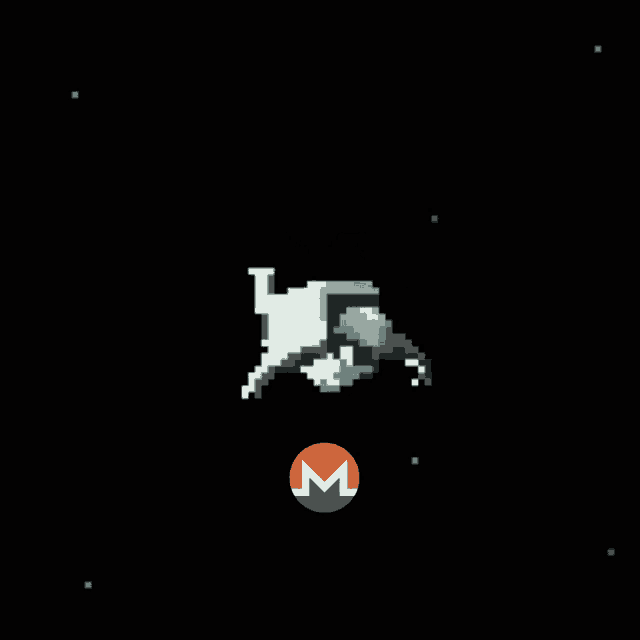 a pixel art drawing of an astronaut with a m logo in the background