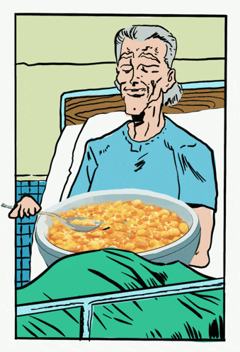 a cartoon of an elderly woman in a hospital bed with a bowl of macaroni and cheese