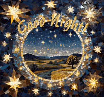 a painting of a landscape with stars and the words good night
