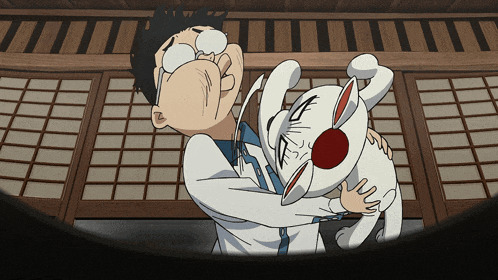a cartoon of a man holding a white cat with red eyes
