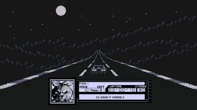 a pixel art of a car driving down a road with the words " do n't care " on the bottom