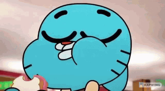 gumball from the amazing world of gumball is holding a cupcake in his hand .