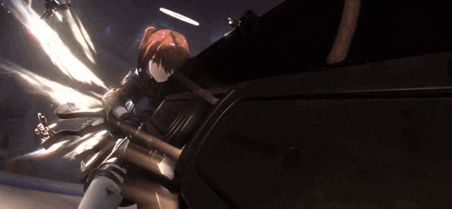 a girl with red hair is holding a sword in her hand .