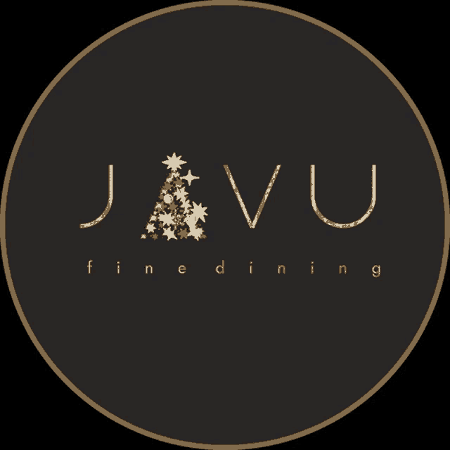 a logo for javu fine dining with a christmas tree on it