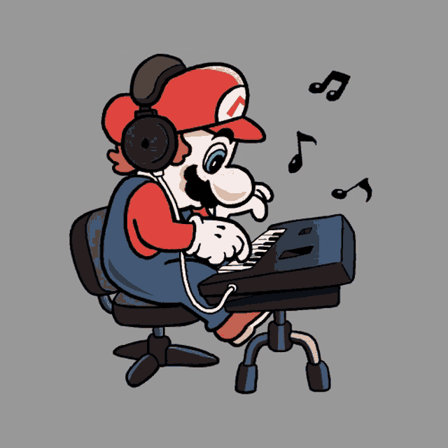 a cartoon drawing of mario wearing headphones playing a keyboard
