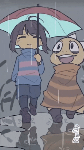a cartoon of a girl holding an umbrella next to a cartoon of a cat holding an umbrella in the rain