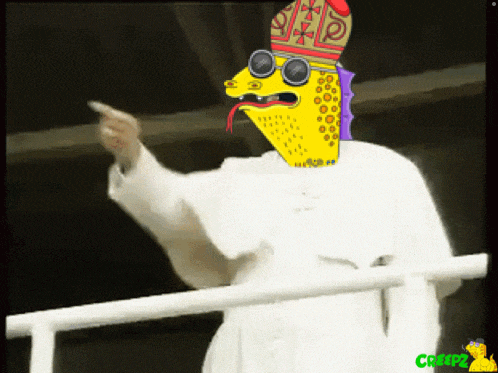 a cartoon drawing of a pope with a yellow head and a purple hat