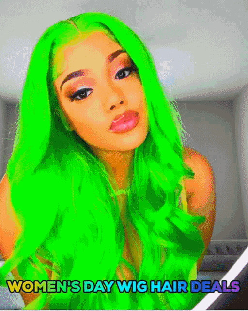 a woman with bright green hair is advertised for women 's day hair deals