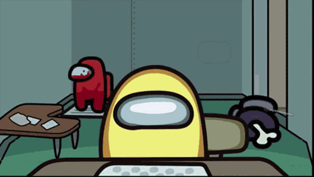 a yellow among us character sits at a desk with a purple among us character behind him