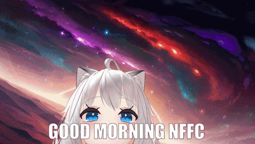 a cartoon character says good morning nbfc in front of a galaxy
