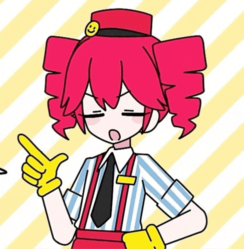 a cartoon of a girl with red hair and a yellow smiley face on her hat