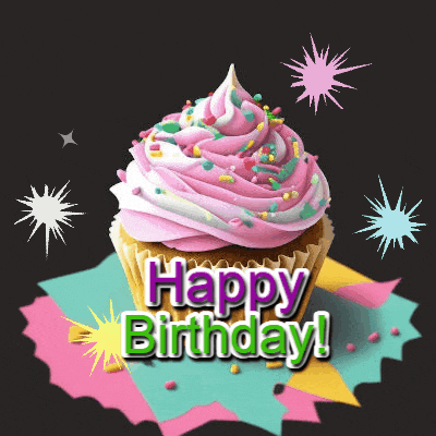 a cupcake with pink frosting and sprinkles with the words happy birthday on it